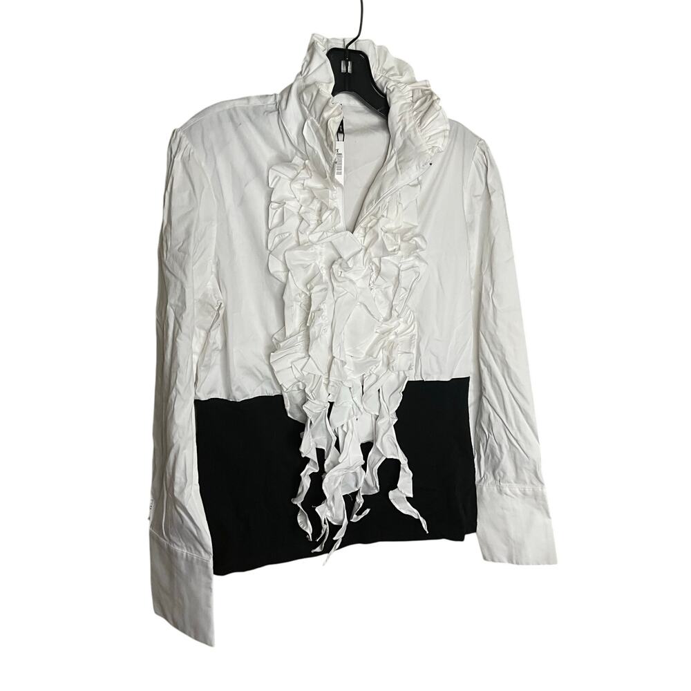 Ravel Ruffle Blouse Top Long Sleeves Pullover White/Black Womens Size‎ L NWT